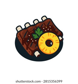A delicious serving of barbecued ribs with a slice of pineapple and parsley on a black plate.