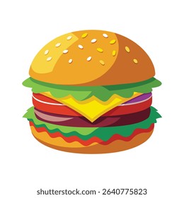 Delicious Sesame Bun Burger Digital Painting Red Tomato Yellow Cheese Green Lettuce