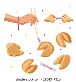 A delicious set of Chinese fortune cookies. The hand holds Chinese chopsticks and a piece of paper with text. Bakery products. Vector illustration