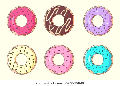 Delicioso conjunto de donuts con vidrieras y rociadores de colores. Diseño de ilustración vectorial de postre	
