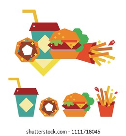 Delicious set of fast food items hamburger sandwich, french fries, coffee drink, sweet donut