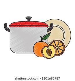 delicious set fruits with kitchen pot