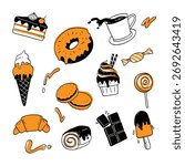 A delicious set of hand-drawn doodles featuring various sweets, desserts, and bakery items. This collection includes icons like a donut, ice cream cone, popsicle, cupcake, slice of cake, croissant