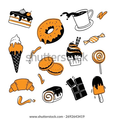 A delicious set of hand-drawn doodles featuring various sweets, desserts, and bakery items. This collection includes icons like a donut, ice cream cone, popsicle, cupcake, slice of cake, croissant