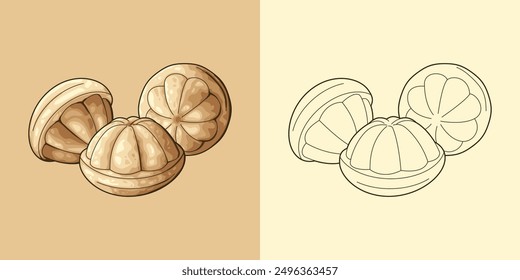 Delicious set of Kuih Bahulu. Malaysia, Indonesia and Singapore sweet egg sponge muffin cake. Asian popular traditional snack, dessert, food. Vector illustrator design, food logo icon clipart.