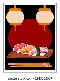 Delicious set of nigiri sushi. Octopus, tuna and shrimp rolls on a wooden plate. Sushi bar poster.
