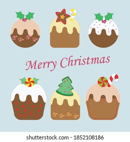 Delicious set of sweet Christmas and New Year cupcakes. Muffins isolated. Vector illustration. 
