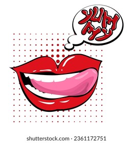 delicious sexy red lips vector, abstract red talking pop art. the tongue and teeth of a sexy young girl or woman. Suitable for use as a promotional element.