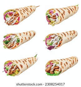 Delicious shawarma with different fillings wrapped in pita bread kebab isolated on white background 3D for restaurant menu: Bison, bok choy, kiwi, havarti cheese, sage, mahi-mahi, octopus, marinated 