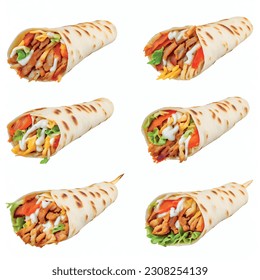 Delicious shawarma with different fillings wrapped in pita bread kebab isolated on white background 3D for restaurant menu: Quail, butternut squash, black grapes, Swiss cheese, thyme, catfish, shrimp 