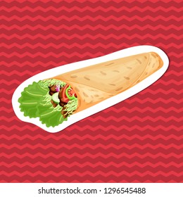 Delicious Shawarma - sticker on red striped background of traditional middle Eastern food. Graphic design elements for menu, ad, poster, brochure or background. Vector illustration of fast food