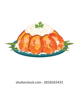Delicious Shrimp Fried Rice or Prawn Biryani with Steamed Rice and Garnish Flat Vector Illustration