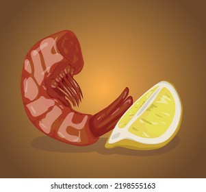 Delicious shrimp with lemon in close-up
