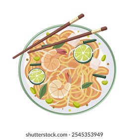 Delicious shrimp noodles with lime and vegetables on a plate. Vector illustration