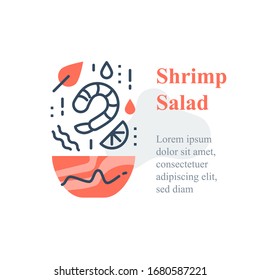 Delicious shrimp salad, seafood recipe, eat healthy food, full bowl, falling ingredients, nutritious diet, lunch dish, vector icon