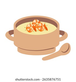 Delicious shrimp soup in a cute bowl with a spoon, perfect for food, comfort, and healthy meal themes.