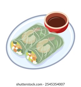 Deliciosos rollitos de primavera de camarones con salsa en un plato. Ilustración vectorial