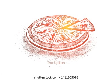 Delicious sicilian pizza, authentic fast food in Palermo, meal with anchovies, cheese and sauce, sliced snack. National italian dinner, pizzeria menu concept sketch. Hand drawn vector illustration