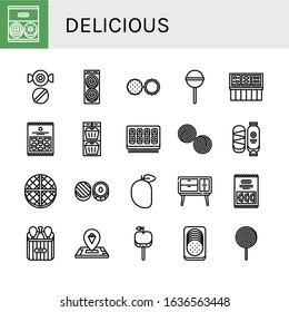 delicious simple icons set. Contains such icons as Donut, Candy, Chocolate, Lollipop, Buffet, Crisps, Muffin, Sushi roll, Liquorice, Wafer, can be used for web, mobile and logo