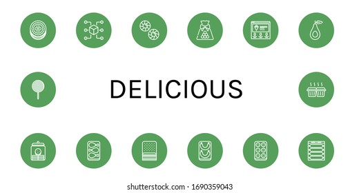 delicious simple icons set. Contains such icons as Cookie, Packet, Candy, Ice cream, Avocado, Cookie jar, Chicken leg, Bacon, Sausage, Meatball, can be used for web, mobile and logo