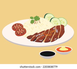 delicious singapore roasted chicken rice meat with ingredients illustration 