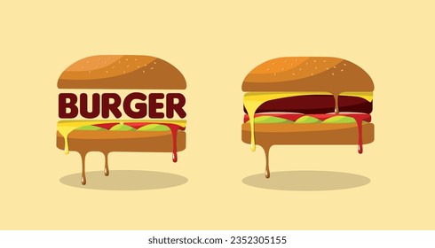 Delicious single burger with cheese and tomato. Double and triple tomato cheeseburger. Icon, logo or sticker for your design, menu, website, promotional elements.