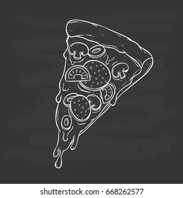delicious of sketch melted pizza with healthy topping on chalkboard background