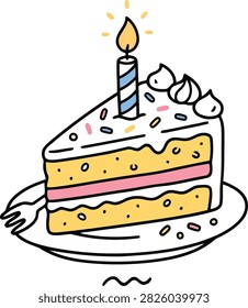 Delicious slice birthday cake with lit candle on top isolated