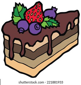 Delicious slice of cake with chocolate with strawberries and blueberries vector illustration