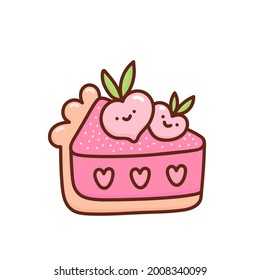 Köstliche Kuchenpartie mit Pfirsichen einzeln auf weißem Hintergrund. Geschmackvoller Nachtisch, Konfektion oder süße Gebäck. Kawaii Cartoon, Vektorgrafik.