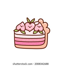 Delicious slice of cake decorated with peaches isolated on white background. Tasty dessert, confection or sweet pastry. Kawaii cartoon vector illustration.