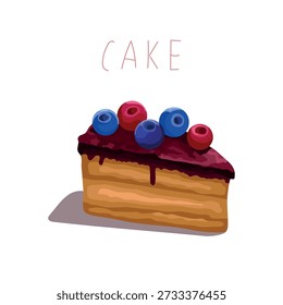 Delicious slice of chocolate cake topped with dripping chocolate glaze, blueberries and lingonberry.