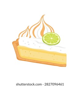 Delicious Slice of Key Lime Pie with Meringue Topping and Lime Garnish Isolated on White Background