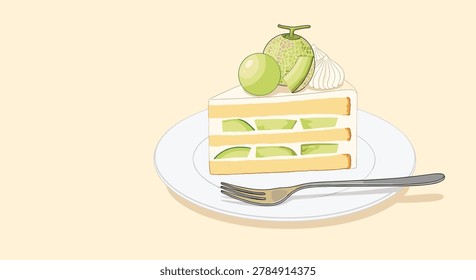 Delicious slice of melon cake decorated with fresh melon balls and whipped cream served on a plate with a fork.