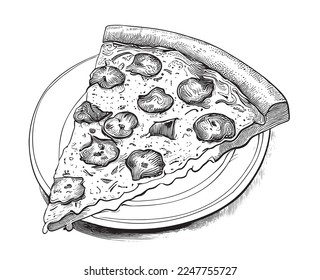 Delicious slice of pepperoni pizza on a plate sketch hand drawn engraving style Vector illustration