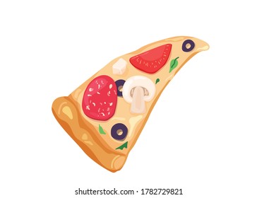 Delicious slice of pizza with cheese, olives, mushrooms, tomato, salami isolated on white background. I choose sweet positive life, design concept.