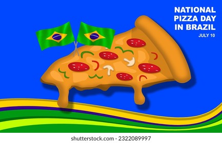 a delicious slice of pizza with complete toppings and two brazil flags and brazil flag background ribbon frames commemorating National Pizza Day in Brazil

