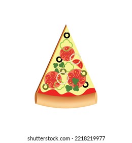 Delicious slice of pizza with olives, olives, tomatoes and cheese.