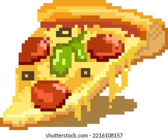 A delicious slice of pizza for a retro video game. A hearty lunch or dinner, a snack. Pizza with pepperoni sausage, mozzarella cheese, lettuce leaf and baked crust