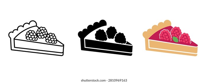 A delicious slice of raspberry pie is presented in three different artistic styles: outline, silhouette, and full color illustration