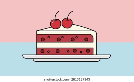 Delicious slice of red velvet layer cake topped with two bright red cherries rests on a simple white plate for a sweet dessert.