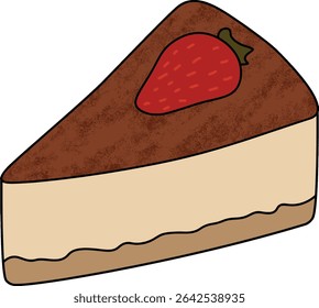 A delicious slice of tiramisu cake in a cute, flat cartoon style, that showcases three distinct layers: a coffee-soaked base, creamy mascarpone filling, and a dusting of cocoa powder on top