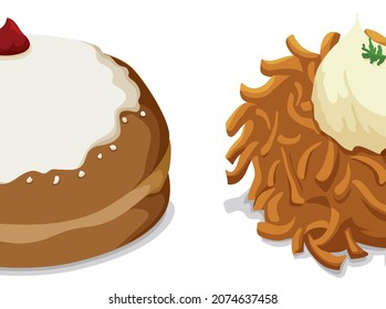 Delicious sliced desserts to celebrate Hanukkah: sufganiyah and latke, isolated over white background.