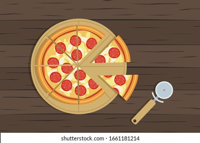 delicious sliced pepperoni pizza and knife on wooden table top view
