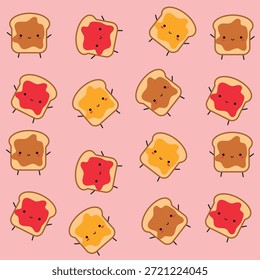 Delicious slices of toasted bread topped with a strawberry, honey, and creamy peanut butter pattern. Perfect for breakfast and snacks. Kawaii pattern.