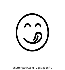 Delicious smile emoticon with tongue licking mouth icon. Eating emoji with tasty food. On a white background, a delicious cartoon appears. Design of a smiley face line. Gourmet savories. Vector of del