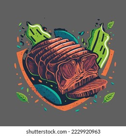 Delicious smoked beef Steak meat with slices tomatoes and rosemary Logo Vector Illustration