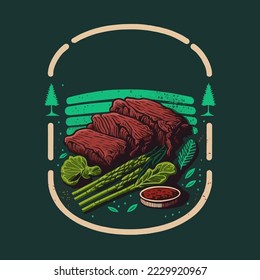 Delicious smoked beef Steak meat with slices tomatoes and rosemary Logo Vector Illustration