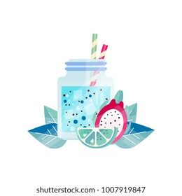 Delicious smoothie with lime and pitaya. Refreshing summer juice with ice cubes and drinking straws. Vegetarian cocktail. Flat vector design for menu or recipe book