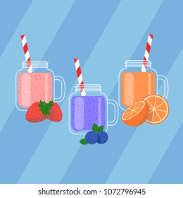 Delicious smoothies. Colorful set of sweet healthy beverages with straw and fruits. vector illustration in flat style. Graphic design elements for summer menu, advertising, poster, brochure etc.